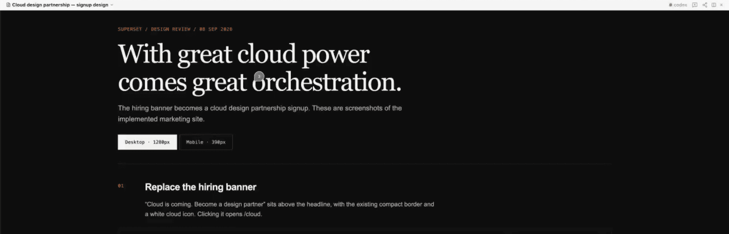A Paradev Page presenting a cloud signup design review, with a comment pinned to the headline