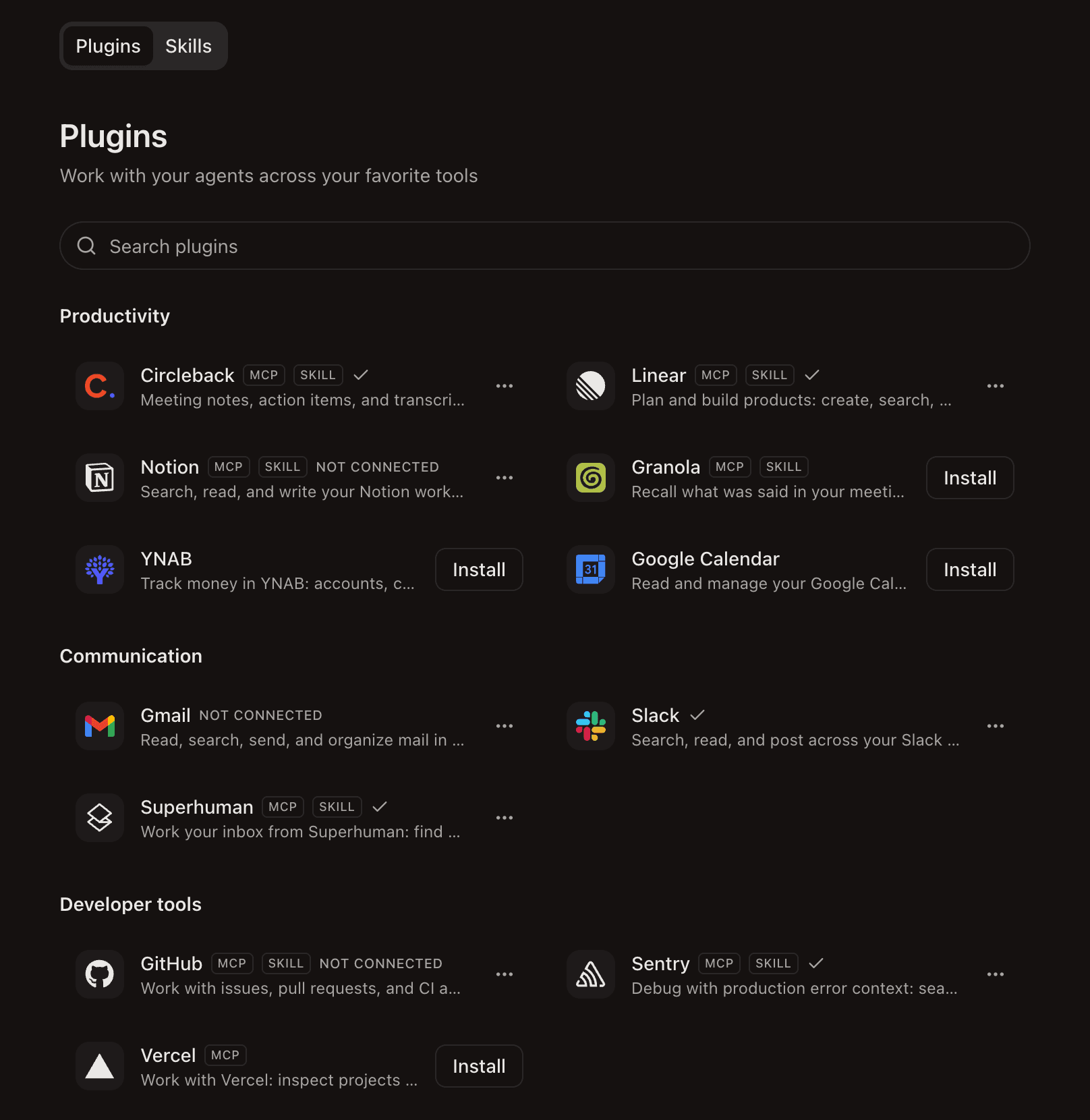 The Plugins page in the desktop app, with plugins grouped by category
