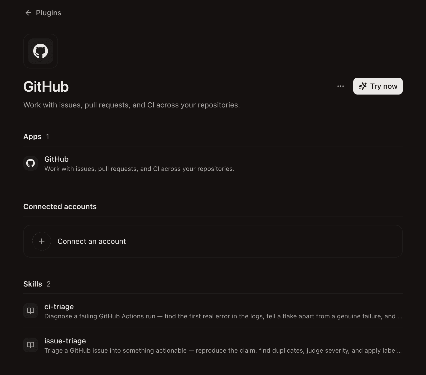 The GitHub plugin page after install, with Connect an account under Connected accounts