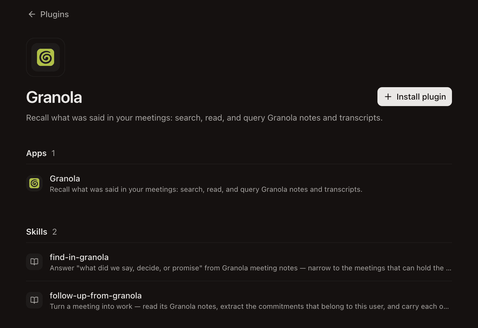 The Granola plugin page, showing its app, its skills, and the Install plugin button